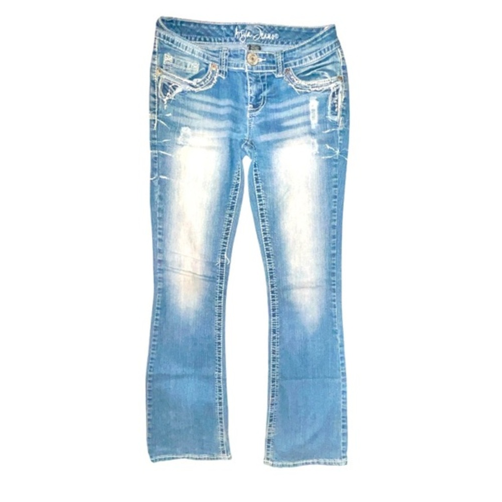 Y2K Ariya Boot Cut Low Rise Jeans Thick Stitching Jewel Detail Flap Pockets 7/8
